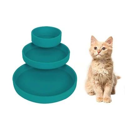 Imagen de Lollanda Juego de 3 comederos para gatos, cuenco silicona ovalado, ancho comida seca y húmeda (verde oscuro)