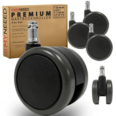 Imagen de MYNEEED ruedas para silla de oficina suelos duros, 11 x 22 mm, 65 mm diámetro, dobles resistentes, sin arañazos y silenciosas, con certificación TÜV &amp; GS