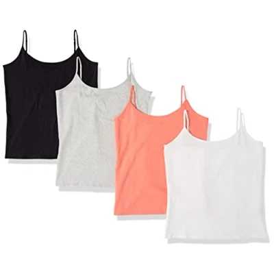 Imagen de Amazon Essentials Camisola Entallada Mujer, Pack de 4, Naranja Coral/Gris Claro Mezcla/Blanco, XS