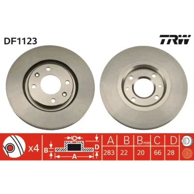 Imagen de TRW DF1123 Disco de freno 283 22 4 108 ventilado barnizado CITROËN: ZX Hatchback, Xsara Coupé, PEUGEOT: 306 405 II Berlina