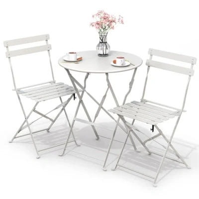 Imagen de VOUNOT Conjunto de Muebles Jardín Plegable 3 Piezas, Set Bistro con Marco Acero Resistente y Respaldo, Juego 1 Mesa Redonda 2 Sillas Terraza, para Balcón, Jardín, Patio, Exterior, Blanco