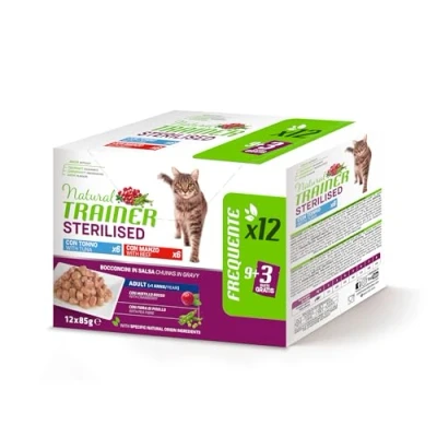 Imagen de Trainer Comida húmeda para Gatos Adultos esterilizados, Multipack atún y Carne de Res 12 x 85 g