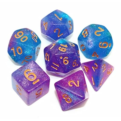 Imagen de DND Juego de dados azules y morados con purpurina para Dungeon and Dragons D&amp;D RPG juegos rol, mesa, poliédricos