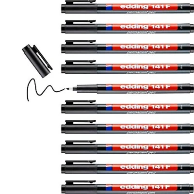 Imagen de edding 141 F rotulador permanente 10 rotuladores negro punta redonda de 0,6 mm bolígrafo para escribir sobre cristal, plástico,láminas y superficies lisas secado rápido, no mancha,impermeable