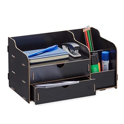 Imagen de Relaxdays Organizador Escritorio Cajones y Compartimentos, Portalápices, 17 x 33 19 cm, Caja Oficina, Color Negro, Silicona