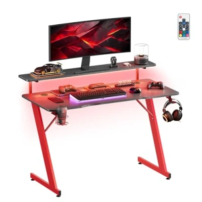 Imagen de SONGMICS HOME Escritorio para Juegos con Luces LED, en Forma de Z Soporte Monitores, Portavasos y Gancho Auriculares, Oficina Casa, Negro Carbón Rojo Rubí LWD099B01