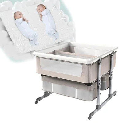 Imagen de Cuna Colecho y de viaje 2 en 1, Bebe, para gemelos, regulable altura 6 posiciones, colchon incluido, Portátil Plegable Recién Nacidos Bebés ( Color : Khak