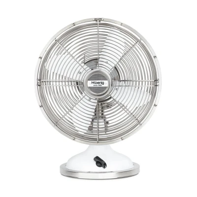 Imagen de H.Koenig JOE50 Ventilador de mesa silencioso diseño retro vintage en metal blanco, 25 cm, 3 velocidades, Oscilación fija o 90, Ajuste vertical, Base antideslizante