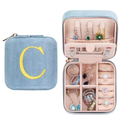 Imagen de TINGN Initiale joyero para mujer con C y flor de viaje, pequeño personalizado niña, regalo cumpleaños, Navidad, día la madre, boda