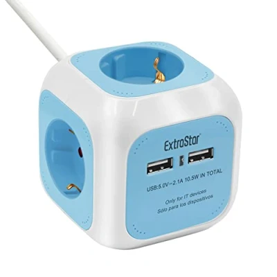 Imagen de EXTRASTAR 6 en 1 Cubo Regleta Enchufe con USB de 4 Enchufes + 2 Puertos 5V, 1.5M, MAX 3680W, 16A, Azul, para Hogar Oficina