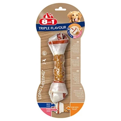 Imagen de 8in1 Triple Flavour Hueso L para Perros Grandes, Sabor de Carne y Cerdo Filete Pollo, 1 Unidad.