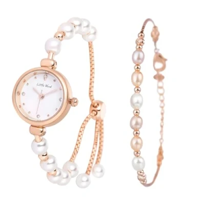 Imagen de JewelryWe Reloj Pulsera Perlas Mujer: Relojes Analógico de Cuarzo Redondo Pequeño para Señora Oro Rosa Resistente Al Agua Correa Ajustable Acero Inoxidable Uso Diario Regalo