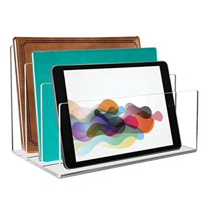 Imagen de Tasybox Organizador de archivos acrílico, soporte transparente para carpetas 3 secciones, organizadores escritorio 9 x 6.5 pulgadas