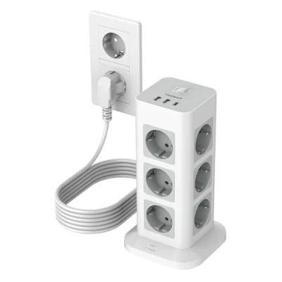 Imagen de TESSAN 15 en 1 Regletas Enchufes con Alargadera 5 Metros, 12 Tomas Ladron Enchufes, Torre Enchufe Multiple 2 USB A y C, Regleta Proteccion Sobretension, Interruptor