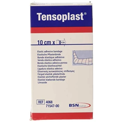 Imagen de BSN Venda elástica Adhesiva Tensoplast, Bordes Suaves y Material Adhesivo Poroso, Franja Central Amarilla, Tamaño 4,5 m x 10 cm, 1 pieza
