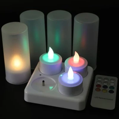 Imagen de EuroFone Rechargable LED Velas Tealight Vela parpadeante sin llama con el titular de la estación carga (4pcs) (Multicolor with remote)