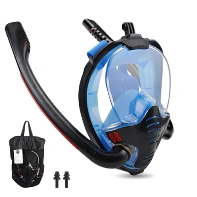 Imagen de Mascara Snorkel,Snorkel Adulto Panorámicas de 180,Mascara Buceo con Lente Vidrio,Anti vaho Anti Fuga Compatible Soporte Cámara(Negro Azul,L)
