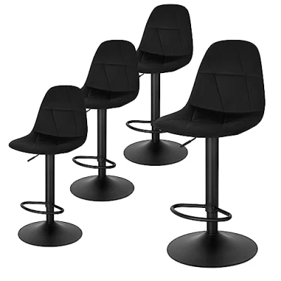 Imagen de Lestarain Juego de 4 Taburetes Bar, Bistro con Respaldo, Cocina Altura Ajustable Entre 60 y 81 cm, Terciopelo Giratorio 360, Negro, LBAI64003