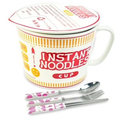 Imagen de LIMITADA Tazón de Fideos Ramen Cuenco Cerámica para con Tapa 1000ml Instantáneos Set Cuchillo Tenedor y Cuchara Sopa Asa Pasta Ensaladas Snacks