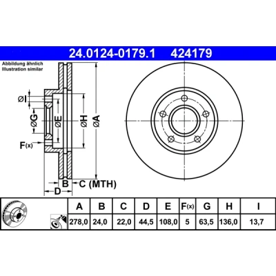 Imagen de ATE 24.0124 0179.1 Disco de freno 278,0 24,0 5 108,0 ventilado revestido FORD: Tourneo Connect, Transit Connect Mk1 Furgón