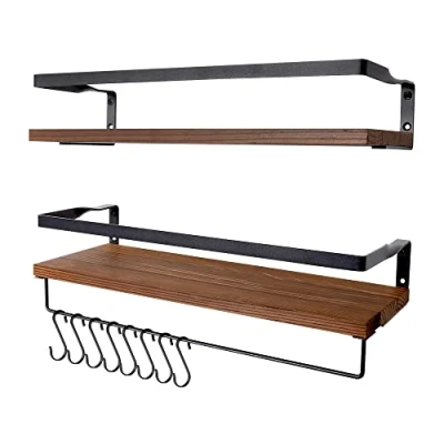 Imagen de Uten Baldas Pared, Dos Estantes de Pared Madera, 42 cm Largo, con Toallero y 6 Ganchos, Apto para Cocina/Baño/Salón/Dormitorio