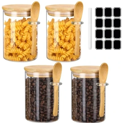 Imagen de Juego de 4 Tarros Cristal, vidrio con tapa y cuchara,540ml Frascos Tapa,recipientes para almacenamiento alimentos condimentos, cereales, especias (4PCS)