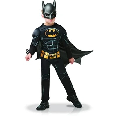 Imagen de RUBIES DC oficial Batman Disfraz de lujo infantil edición 80 años negro traje con acolchado, medio cinturón, capa desmontable y máscara incluida