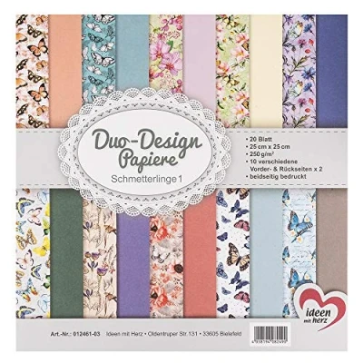 Imagen de Ideen mit Herz Papeles Duo Design bloc con 20 hojas de papel craft 25 x cm 250g/m² impreso por ambas caras diseño, motivos ideal para scrapbooking (Mariposas 01)
