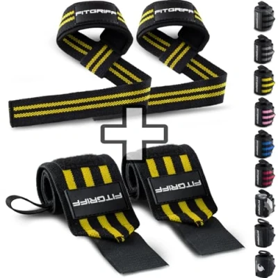 Imagen de Fitgriff® Straps y Muñequeras para Gym (1 Conjunto) Accesorios Gimnasio, Musculacion, Fitness Hombre Mujer (Black/Yellow)