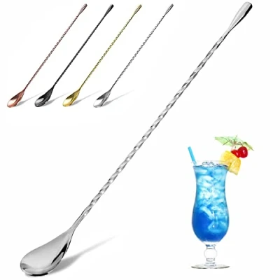 Imagen de YFWOOD Cuchara de Mezcla cóctel Acero Inoxidable, cucharas bar, Mango Largo, agitador Torcido Largo para cantinero, diseño Espiral y Atractivo Mezclar