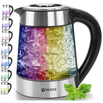 Imagen de hervidor de agua cristal 1,7 litros, 100% libre BPA, 2200 W, acero inoxidable con selección temperatura, té, función mantenimiento del calor, ajuste