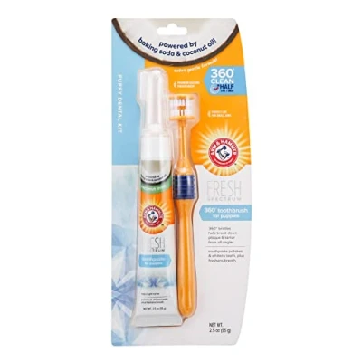 Imagen de ARM &amp; HAMMER Fresh Spectrum Kit Dental de coco para Cachorros Incluye Cepillo dientes 360, Pasta y menta, silicona dedos. Elimina la placa el sarro.