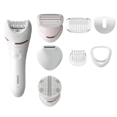 Imagen de Philips Depiladora Mujer Serie 8000, 8 en 1, Para Cuerpo, Cara, Pies y Bikini, Uso Seco o Humedo, Piel Suave desde Casa, Cabezal Ceramico, BRE735/00, Blanco