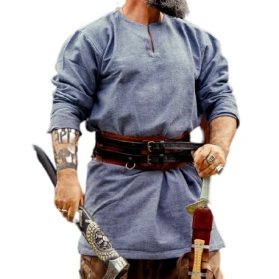 Imagen de Leonardo Carbone® túnica vikinga Torsten ropa medieval para hombre, camisa medieval, camisas de ocio manga larga, disfraz carnaval, vikinga, LARP 100% algodón, azul/gris, L