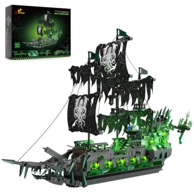 Imagen de JMBricklayer Juguetes de construcción Barcos Piratas con Luces, Barco Fantasma Flying Dutchman Modelo 40001, Juegos para Adultos, niños y niñas Mayores 14 años