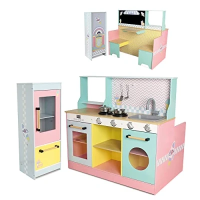 Imagen de DEQUBE Cocina Restaurante de Madera 4 módulos 2 en 1 con luz y Sonido Todo lo Necesario una un Asientos Mesa Accesorios metálicos 90X81X82 cm (913D00015)