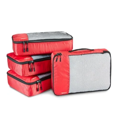 Imagen de Amazon Basics Organizador Para Maletas, Organizadores de Viaje, con Cremallera, Juego 4 Bolsas, Mediano, rojo