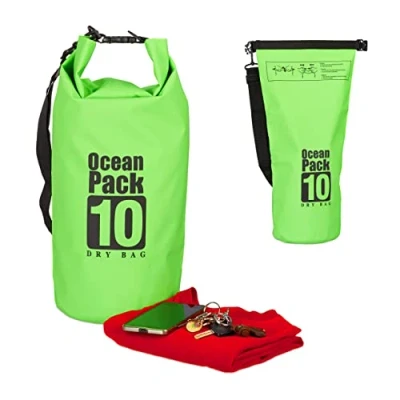 Imagen de Relaxdays Bolsa Estanca 10L Impermeable, PVC, Verde, 56 x 30 0.5 cm
