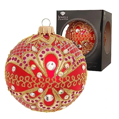 Imagen de Krebs Glas Lauscha Adornos navideños de cristal Bolas Navidad Color: Rojo Decorado con brillantes Tamaño: 8 cm
