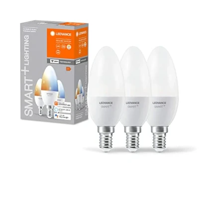 Imagen de LEDVANCE Smarte LED Lampe mit WiFi Technologie, Sockel E14, Dimmbar, Lichtfarbe änderbar (2700 6500K), ersetzt Glühlampen 40 W, SMART+ Candle Tunable White, 3er Pack