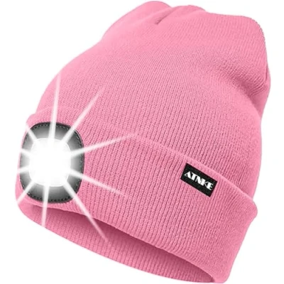 Imagen de ATNKE LED Luminoso Gorro Sombrero, USB Recargable 4 Gorras para Correr Super Brillante Impermeable Luz Invierno Cálido Regalos Hombre y Mujer/Pink