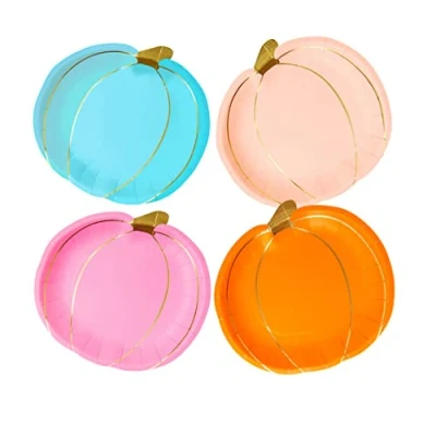 Imagen de Talking Tables Paquete de 8 platos Halloween Vajilla desechable en forma calabaza naranja, azul y rosa para fiesta, otoño, Acción Gracias, plato