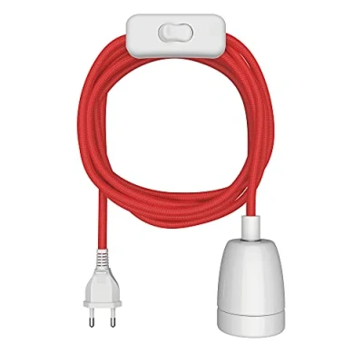 Imagen de ledscom.de Cable textil LEHA II, enchufe, interruptor, rojo, blanco, 3 m, toma de porcelana, 1x E27 máx. 300W