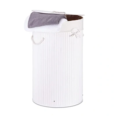 Imagen de Relaxdays Cesto Ropa Sucia con Tapa, Redondo, Cubo Colada, Canasta Plegable, Bambú, 70 L, Ø 41 cm, Blanco, Algodón