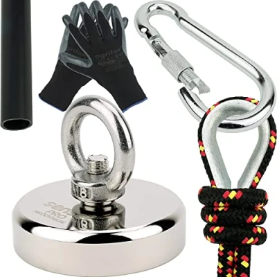 Imagen de Kit SENSEI 150 kg, Imán de Neodimio N52 con Gancho, Ø6 x H1,5 cm, Cuerda Vela 25 m, Guantes Protección + Accesorios, Set Exploración y Pesca