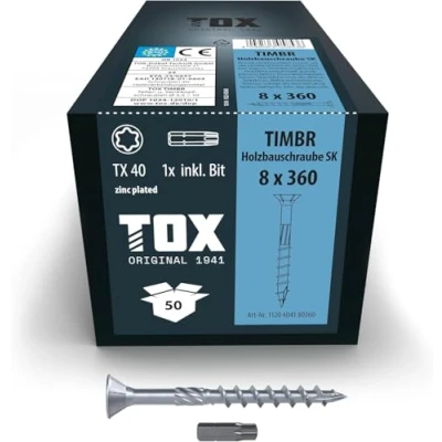 Imagen de TOX tornillos para construcción de madera TIMBR SK 8,0 x 360 mm, azul galvanizado con cabeza avellanada, TX40, 50 piezas por caja, incl. 1x broca, 1120404180360