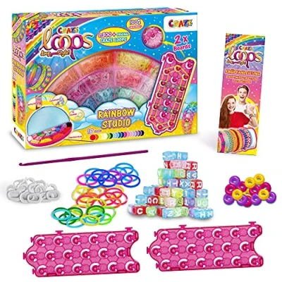 Imagen de CRAZE Loops kit para hacer pulseras gomas elásticas, incluye tablas anudar anillos, pulseras, collares, manualidades niños, Rainbow Studio 32831