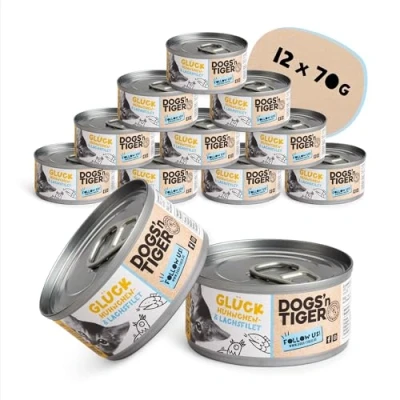 Imagen de Dogs&#039;n Tiger Comida húmeda premium «Glück» para gatos, fórmula adecuada animales con 60% de carne, sin azúcar, cereales y sabores artificiales, bien tolerado (filete pollo salmón, 12 x 70