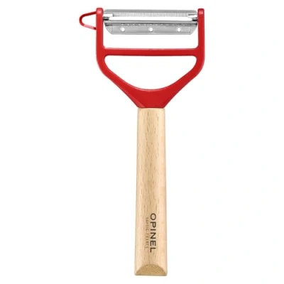 Imagen de Opinel T DUO pelador de madera haya, doble hoja acero inoxidable, verduras, preparación julianas, ideal para diestros y zurdos, color rojo