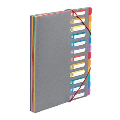 Imagen de Viquel Clasificador de documentos A4 con 12 compartimentos Organizador escritorio extensible Portadocumento índice Cierre elástico Rainbow Touch Gris